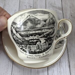 Antique Banff Springs Hotel Black and Beige Teacup and Saucer By Royal Winton